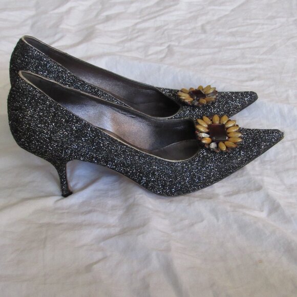 Miu Miu Black Silver Glitter Flower Stone Pointed Toe Witch Goth Heels 39 1/2 - Picture 4 of 7